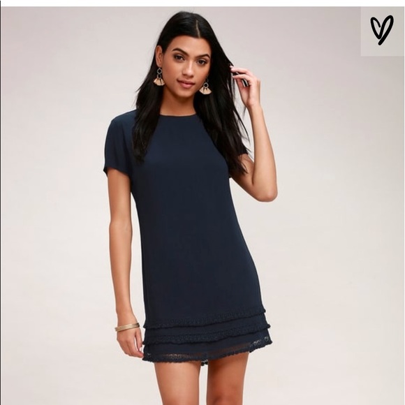 navy and white shift dress